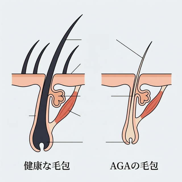 健康な毛包とAGA進行の毛包の断面比較図